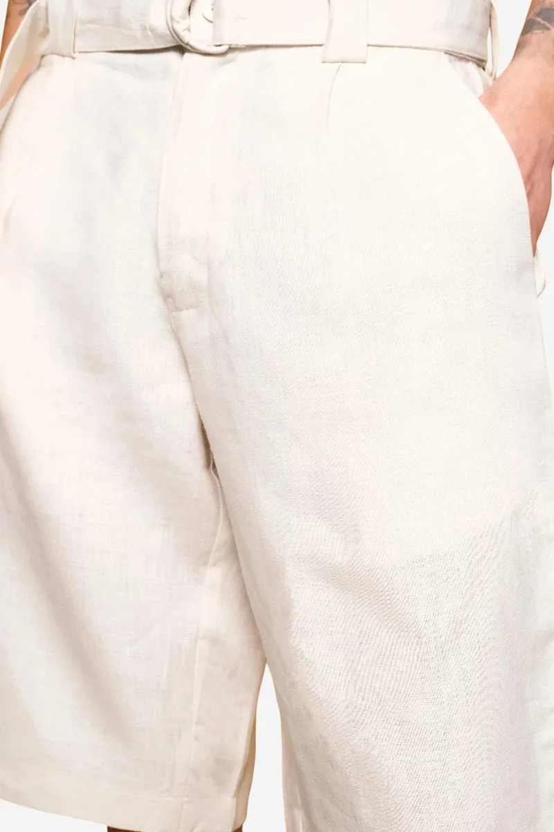 Giesto Beige Natural GIESTO High Waist Linen Belted Shorts for Men | Best Price UAE