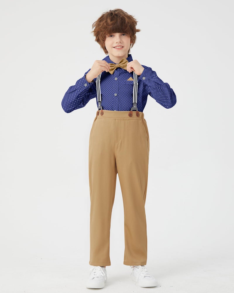 DISAUR Boys Suit Dress Clothes Ring Bearer Outfit Homecoming Dresses Boy Blue Polka Dot Shirt + Khaki Pants Set for Kids Wedding Guest Suits Red Size 9 10 - Image 4