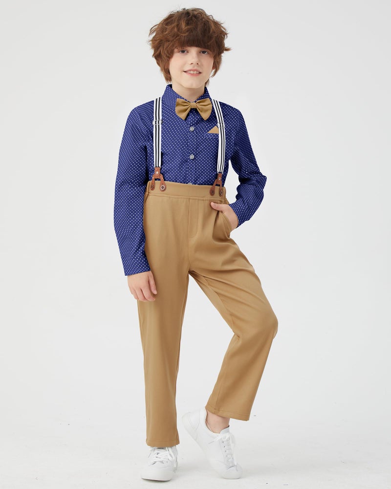 DISAUR Boys Suit Dress Clothes Ring Bearer Outfit Homecoming Dresses Boy Blue Polka Dot Shirt + Khaki Pants Set for Kids Wedding Guest Suits Red Size 9 10 - Image 5