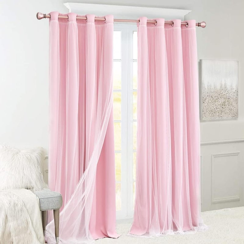 SOFJAGETQ Pink Double Layer Curtains 90 Inch Length- Baby Pink Blackout Curtains with White Sheer Voile for Bedroom, Living Room and Nursery, Girl's Blocking Curtains, 52 x 90 inch - Image 3