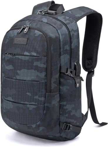 Tzowla Business Laptop Backpack Water Resistant Anti-Theft Backpack with USB Charging Port and Lock 17.3 Inch Computer Backpacks for Women Men, Casual Hiking Travel Daypack (Navy Blue Camo) - Image 1