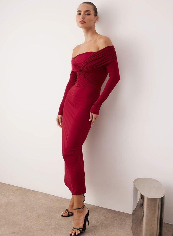 trendyol Burgundy Collar Detailed Knitted Midi Unlined Stylish/Evening Dress - Image 2
