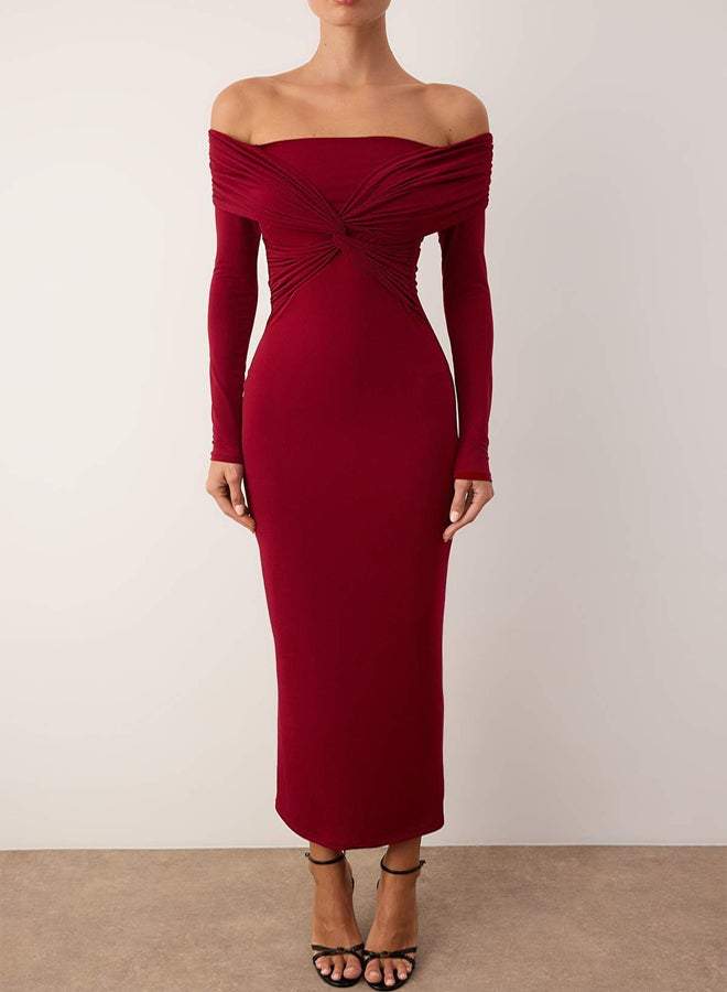 trendyol Burgundy Collar Detailed Knitted Midi Unlined Stylish/Evening Dress - Image 3