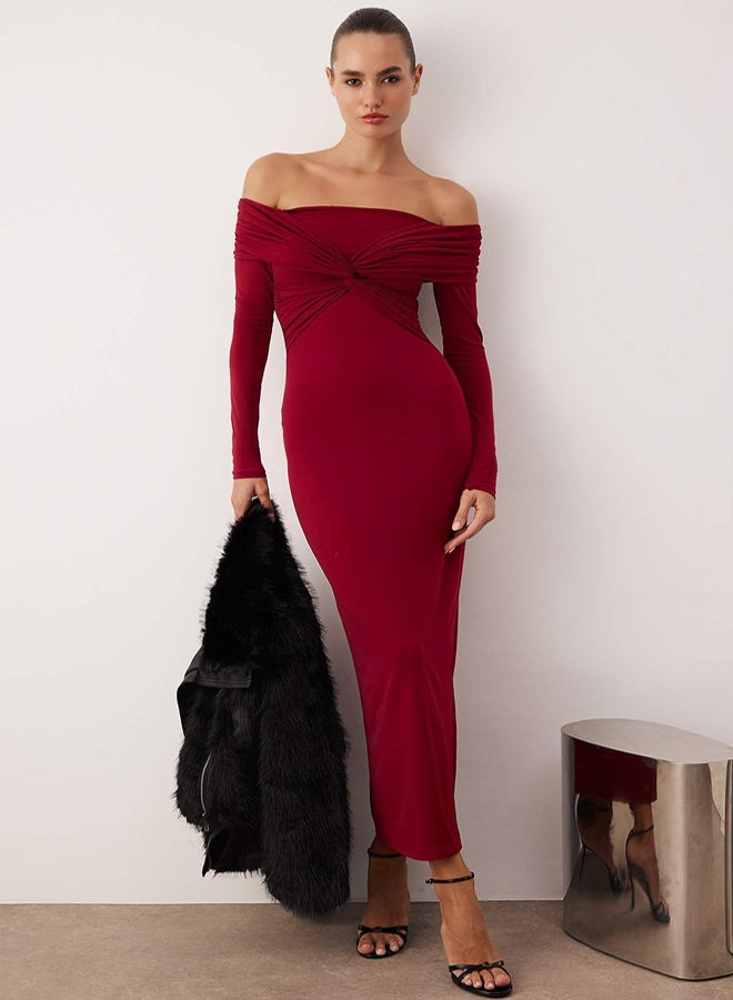 trendyol Burgundy Collar Detailed Knitted Midi Unlined Stylish/Evening Dress - Image 1