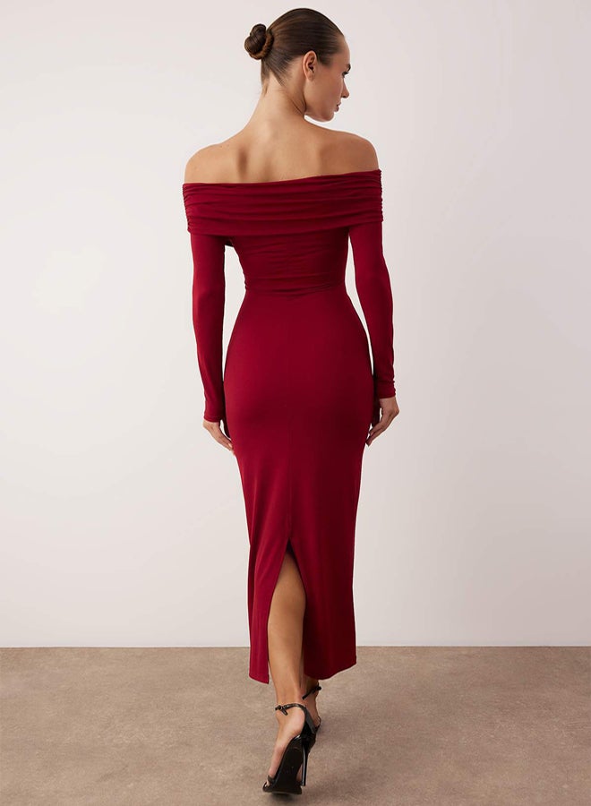 trendyol Burgundy Collar Detailed Knitted Midi Unlined Stylish/Evening Dress - Image 4