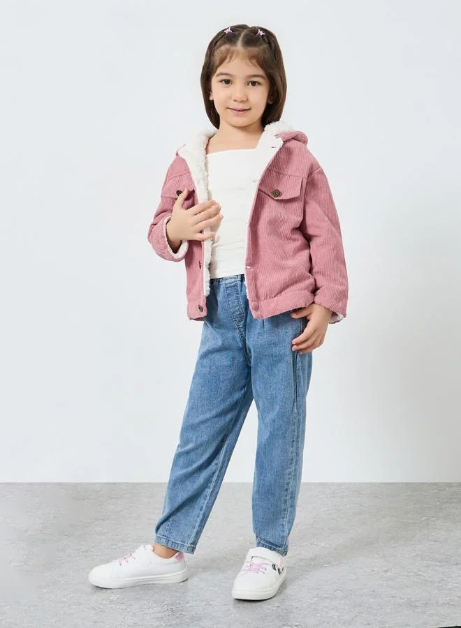 Styli Girls Corduroy Hooded Jacket with Fur Lining