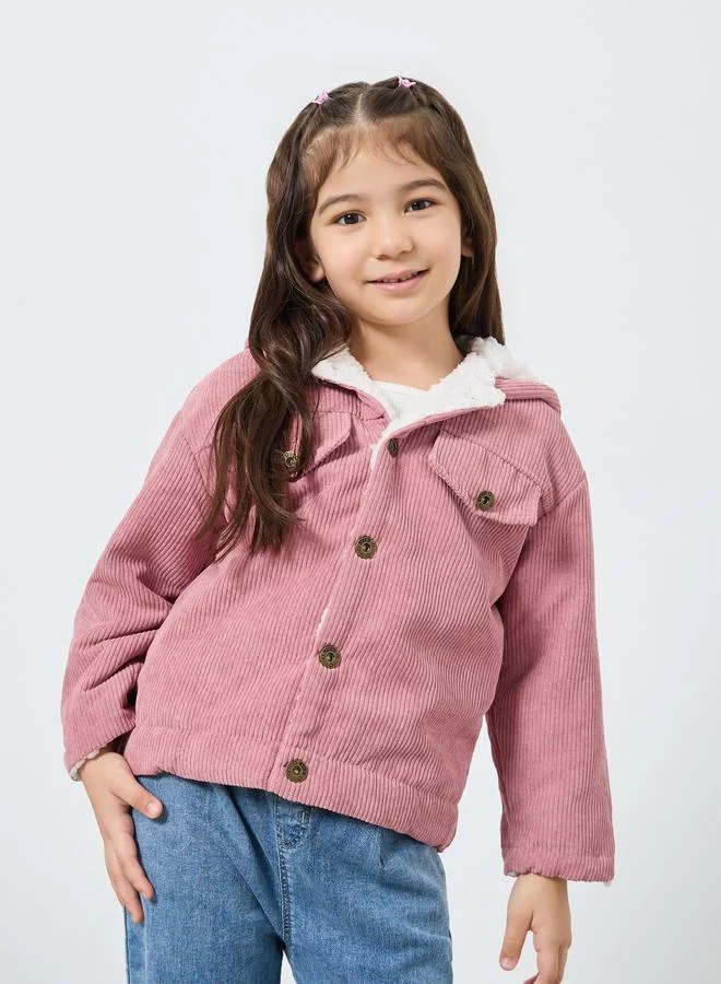 Styli Girls Corduroy Hooded Jacket with Fur Lining