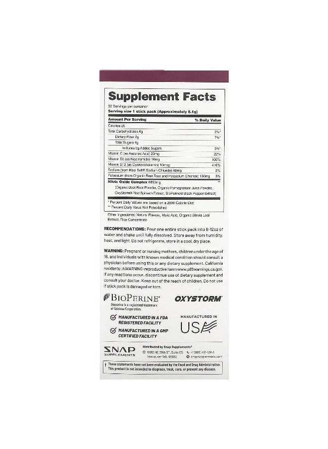 SNAP SUPPLEMENTS - Snap Supplements, Nitric Oxide, Organic Beets, Original Berry, 10 Stick Packs, 0.29 oz (8.2 g) Each - Image 1