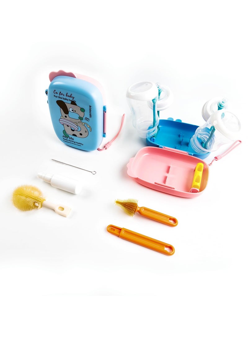 Baby Bottle Brush,6 in 1 Bottle Cleaner Brush Travel Kit with Extendable Silicone Bottle Brush,Drying Rack,Nipple Brush,Straw Brush,Soap Dispenser & Organizer Case (Blue)  - Image 1