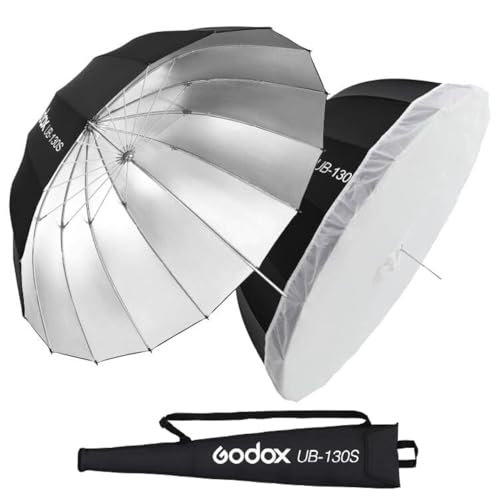 Godox UB130S 512 130cm Parabolic Deep Reflective Umbrella Silver Inner Photography Studio Soft Light Umbrella with Withe Diffuser Cover for Video Studio Shooting 130Silver - Image 1
