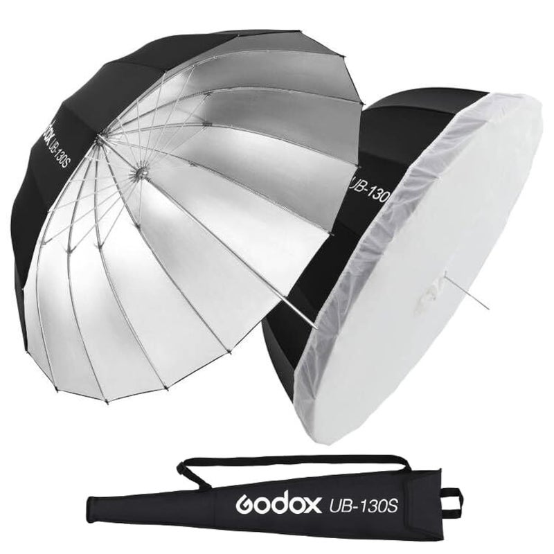 Godox UB130S 512 130cm Parabolic Deep Reflective Umbrella Silver Inner Photography Studio Soft Light Umbrella with Withe Diffuser Cover for Video Studio Shooting 130Silver - Image 2