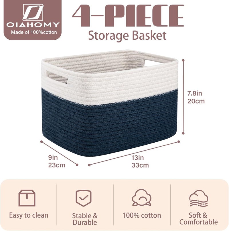 OIAHOMY 4 Pack Storage Baskets for Organizing, Basket for Shelves with Handle, Woven Baskets for Storage Toys, Towels, Books, Cotton Rope Basket 13" L x 9 " W x 7.8 " H, Blue & White - Image 2