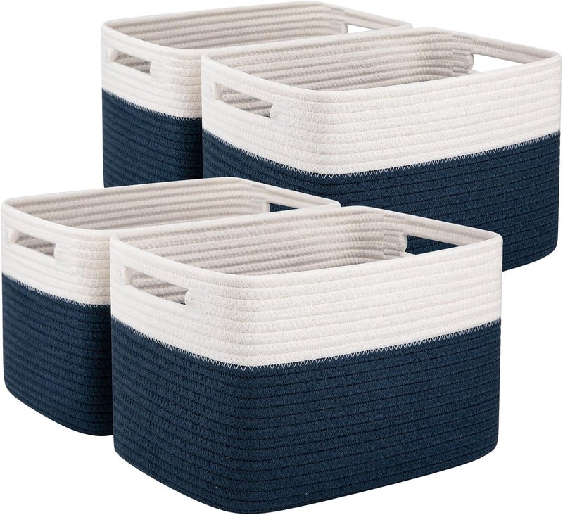 OIAHOMY 4 Pack Storage Baskets for Organizing, Basket for Shelves with Handle, Woven Baskets for Storage Toys, Towels, Books, Cotton Rope Basket 13" L x 9 " W x 7.8 " H, Blue & White - Image 1