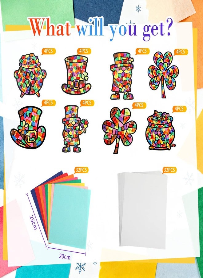 Marspark 32 Sets St. Patrick's Day Suncatcher Craft Kit Precut Paper with 8 St. Patrick's Day Designs Spring Decor Shamrock Green Ornaments Includes 32 Frames, 32 Sheets of Colored Tissue Paper - Image 2