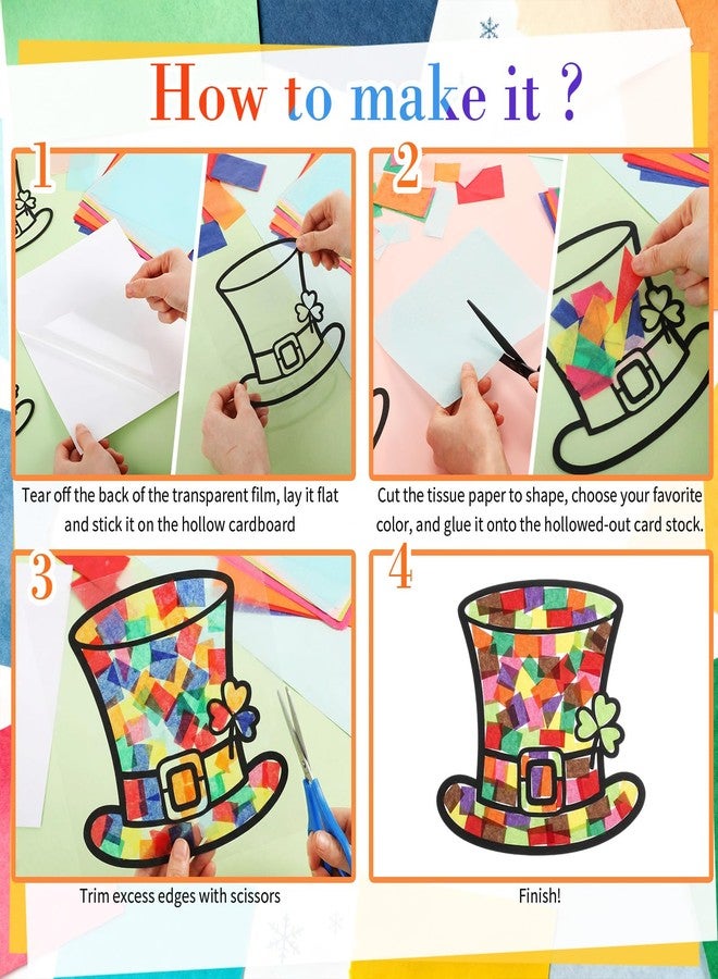 Marspark 32 Sets St. Patrick's Day Suncatcher Craft Kit Precut Paper with 8 St. Patrick's Day Designs Spring Decor Shamrock Green Ornaments Includes 32 Frames, 32 Sheets of Colored Tissue Paper - Image 3