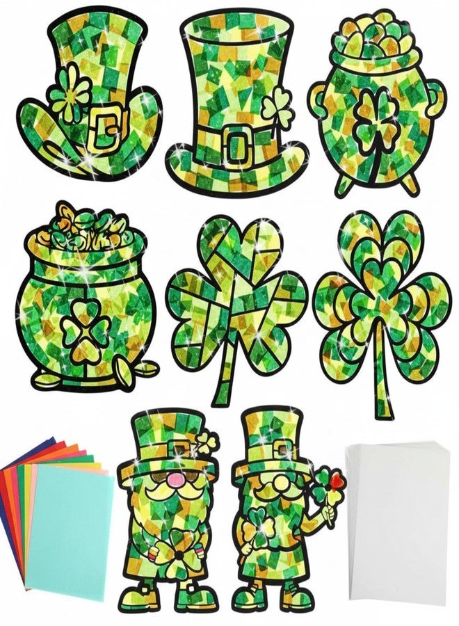Marspark 32 Sets St. Patrick's Day Suncatcher Craft Kit Precut Paper with 8 St. Patrick's Day Designs Spring Decor Shamrock Green Ornaments Includes 32 Frames, 32 Sheets of Colored Tissue Paper - Image 1