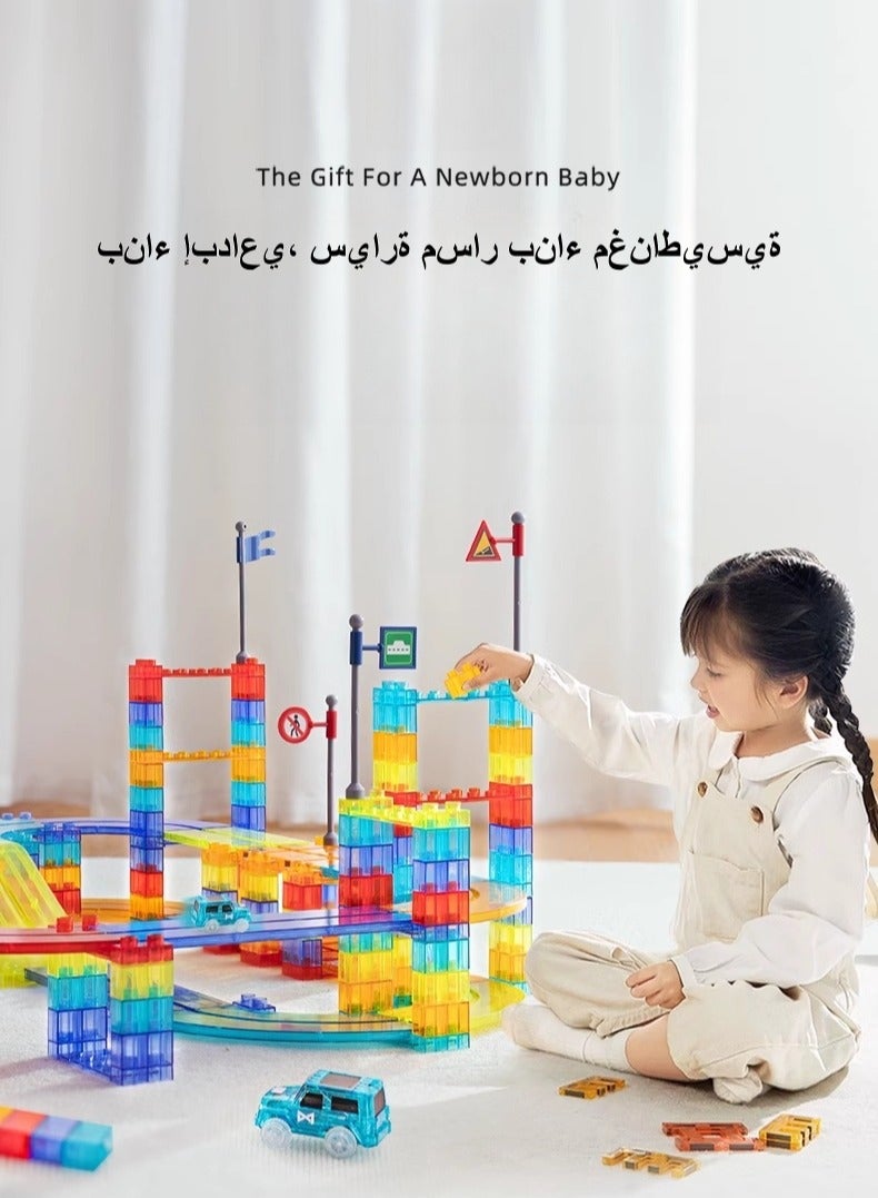 154PCS Magnetic Railcar Track Set – STEM Building Blocks with Electric Cars, Flags  Bridges – Colorful Educational Toy for Kids Ages 3+ - Image 2