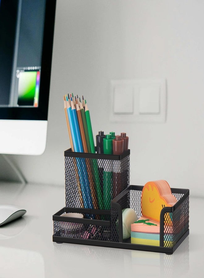 Comix Mesh Pen Pencil Holder Desk Organizer, 3 Compartment Wire Desktop Pen Pencil Cup Caddy Office Supplies Accessories for Home Office School, Black(2 Pack) - Image 2