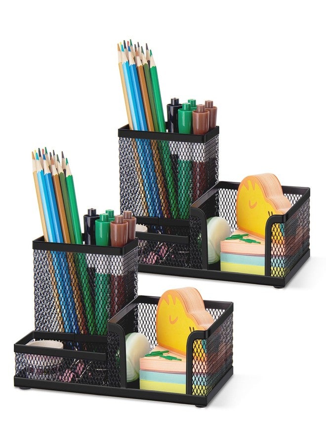 Comix Mesh Pen Pencil Holder Desk Organizer, 3 Compartment Wire Desktop Pen Pencil Cup Caddy Office Supplies Accessories for Home Office School, Black(2 Pack) - Image 1