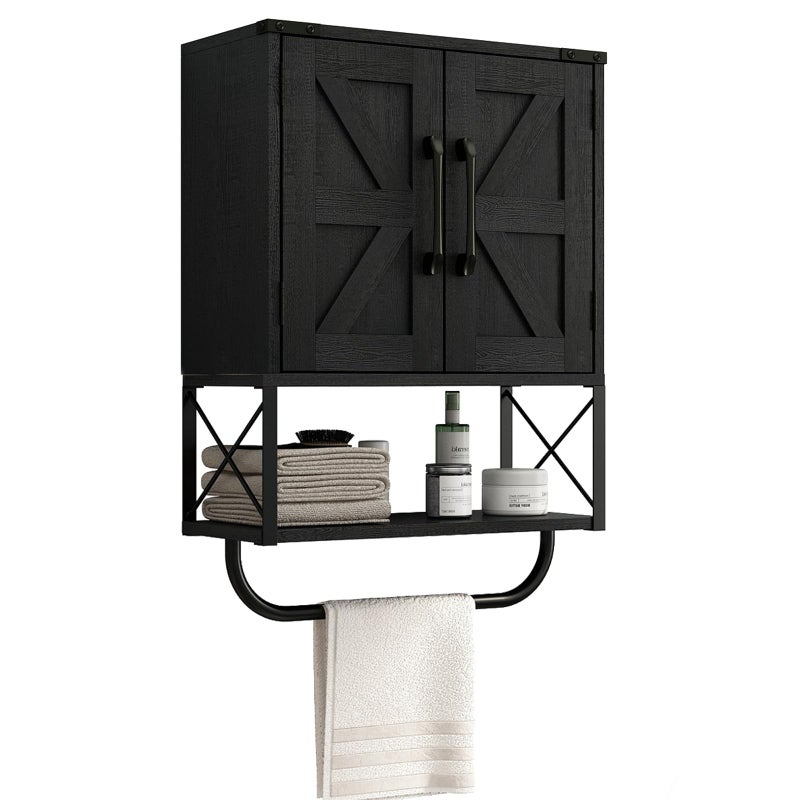 RUSTOWN Farmhouse Rustic Medicine Cabinet with Two Barn Door,Wood Wall Mounted Storage Cabinet with Adjustable Shelf and Towel Bar, 3-Tier Cabinet for Bathroom, Living Room(Black) - Image 1