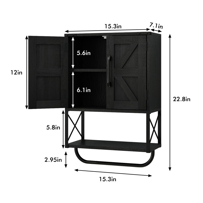 RUSTOWN Farmhouse Rustic Medicine Cabinet with Two Barn Door,Wood Wall Mounted Storage Cabinet with Adjustable Shelf and Towel Bar, 3-Tier Cabinet for Bathroom, Living Room(Black) - Image 3