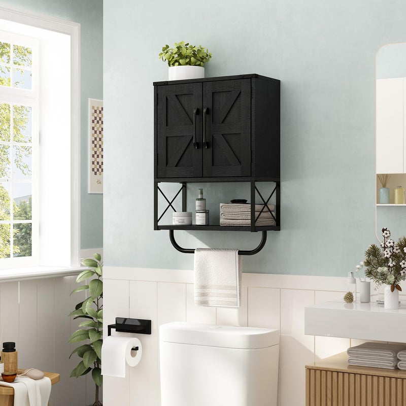 RUSTOWN Farmhouse Rustic Medicine Cabinet with Two Barn Door,Wood Wall Mounted Storage Cabinet with Adjustable Shelf and Towel Bar, 3-Tier Cabinet for Bathroom, Living Room(Black) - Image 4