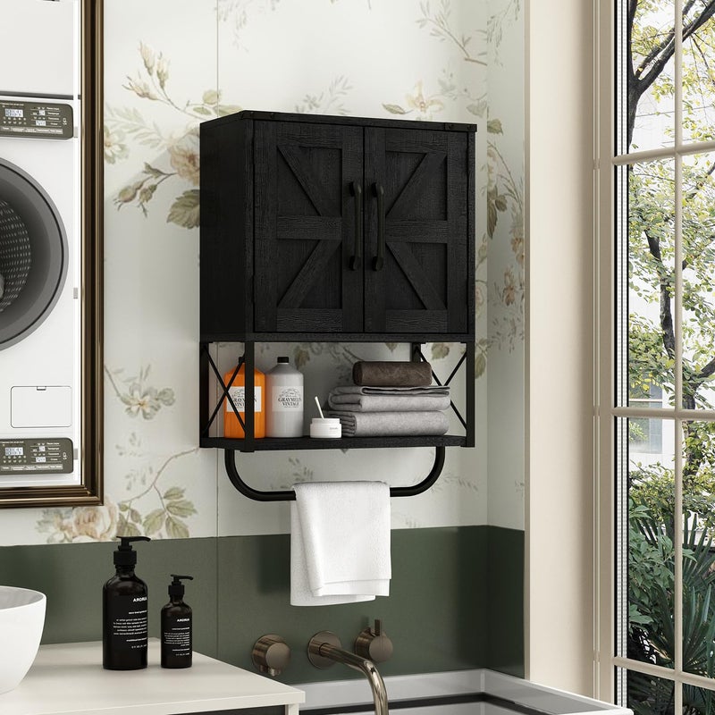 RUSTOWN Farmhouse Rustic Medicine Cabinet with Two Barn Door,Wood Wall Mounted Storage Cabinet with Adjustable Shelf and Towel Bar, 3-Tier Cabinet for Bathroom, Living Room(Black) - Image 2