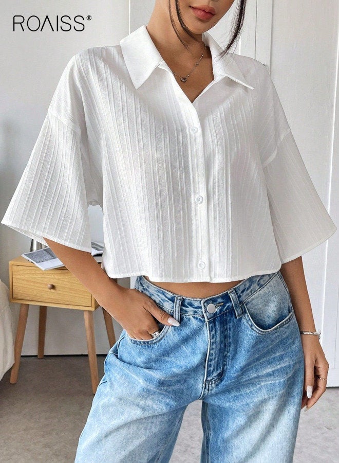 roaiss Women Classic Button Down Shirt, Lapel Collar Elbow Length Sleeve Blouse, Textured Cropped Crop Top for Ladies, Suitable for Daily Wear and Outdoor Activities - Image 1
