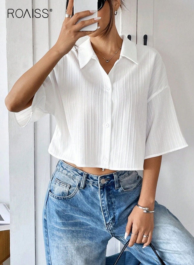 roaiss Women Classic Button Down Shirt, Lapel Collar Elbow Length Sleeve Blouse, Textured Cropped Crop Top for Ladies, Suitable for Daily Wear and Outdoor Activities - Image 4