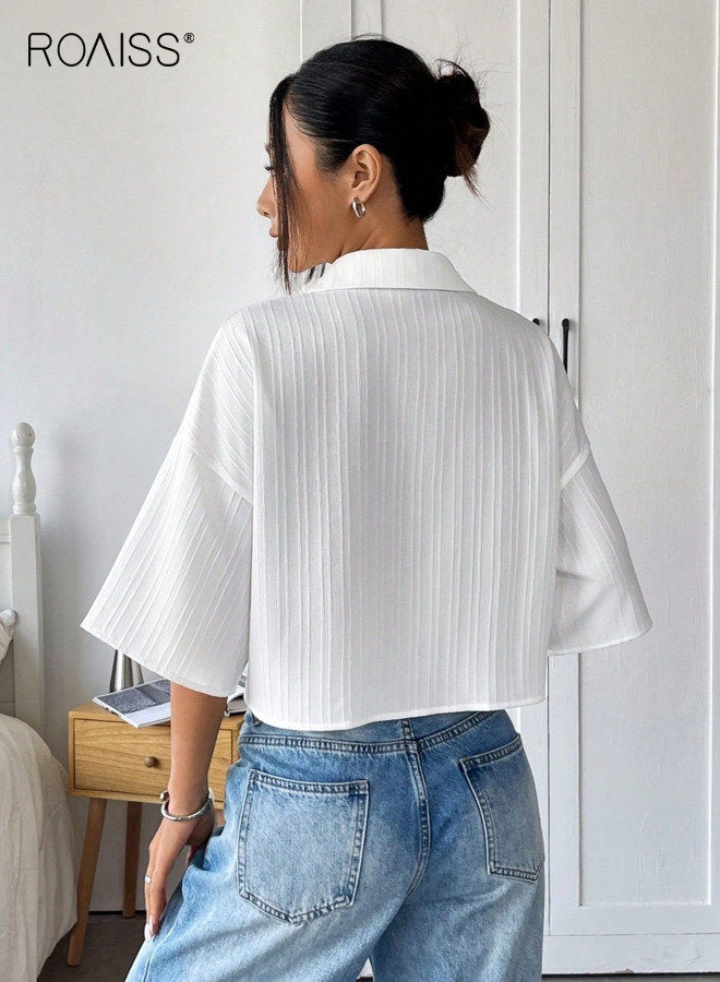 roaiss Women Classic Button Down Shirt, Lapel Collar Elbow Length Sleeve Blouse, Textured Cropped Crop Top for Ladies, Suitable for Daily Wear and Outdoor Activities - Image 3