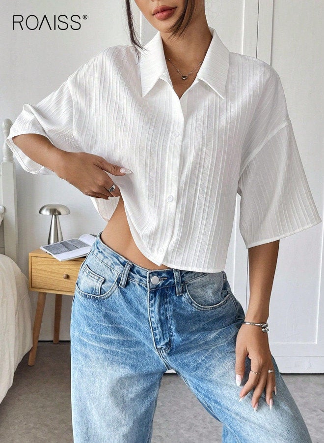 roaiss Women Classic Button Down Shirt, Lapel Collar Elbow Length Sleeve Blouse, Textured Cropped Crop Top for Ladies, Suitable for Daily Wear and Outdoor Activities - Image 2