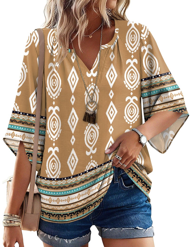 LOMON Womens Business Casual Tops - 3/4 Sleeve Tunic Tops for Woman Loose Fit Dressy, Office & Work Wear Khaki XXL - Image 1