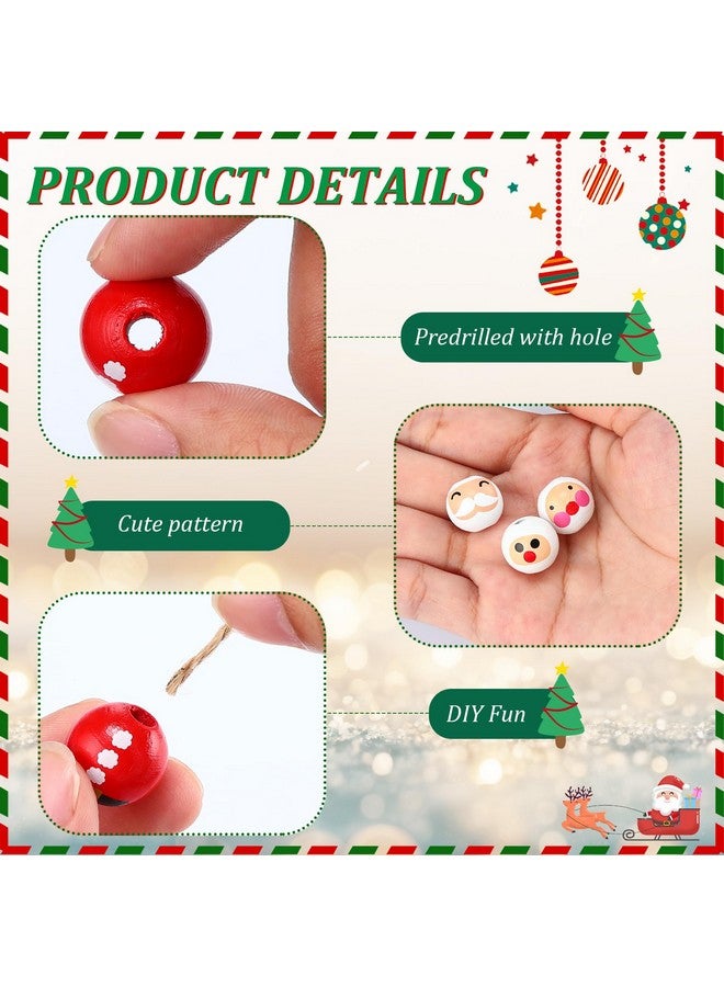 Vicenpal 240 Pcs Christmas Snowman Wooden Beads Santa Wood Beads Winter Round Wood Bead Christmas Tree Wood Beads For Crafts Xmas Red Green White Round Spacer Beads With Twine For Diy (Santa) - Image 3