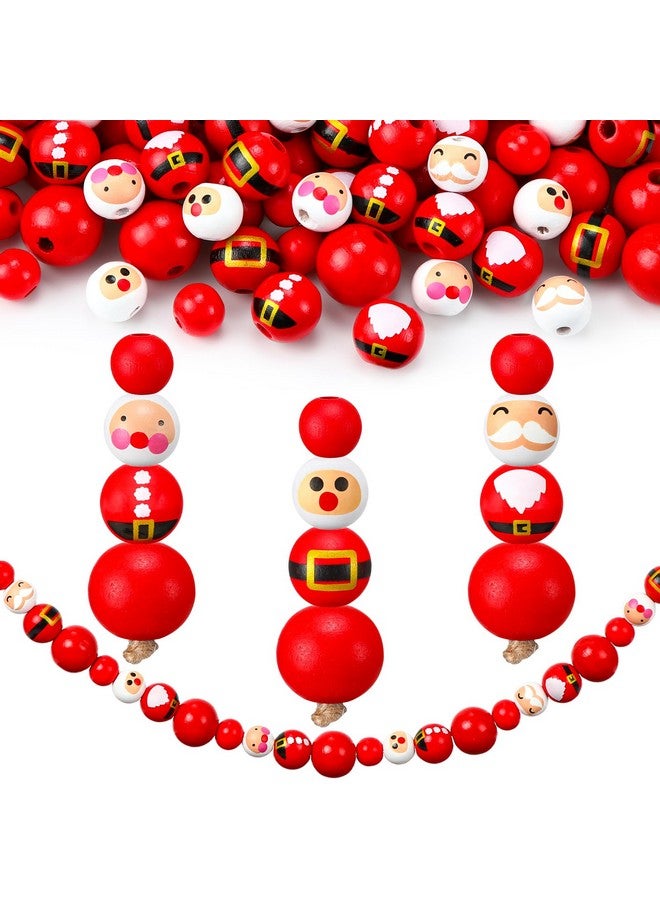 Vicenpal 240 Pcs Christmas Snowman Wooden Beads Santa Wood Beads Winter Round Wood Bead Christmas Tree Wood Beads For Crafts Xmas Red Green White Round Spacer Beads With Twine For Diy (Santa) - Image 1