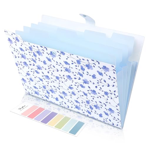 SKYDUE Expanding File Folder with 5 Pockets Floral Accordion File Organizer for Important Document Portable Receipt Paper Organizer School Office SuppliesBlue - Image 1