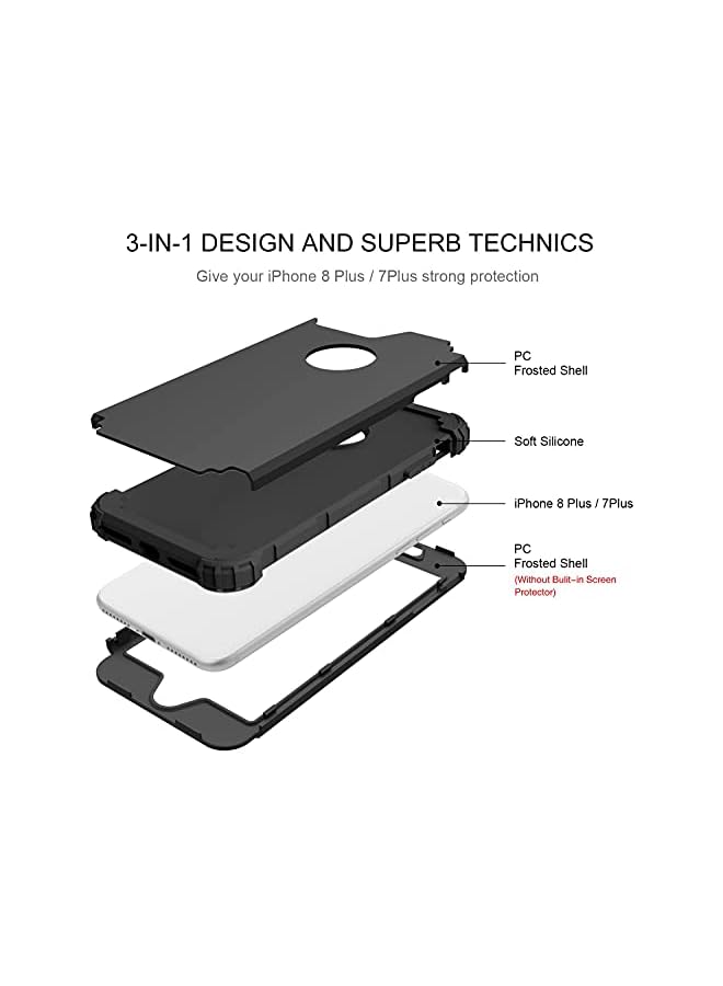 KASTWAVE For Iphone 8 Plus And For Iphone 7 Plus Case 3 In 1 Hybrid Hard Plastic Soft Rubber Heavy Duty Rugged Bumper Shockproof Full Body Protective Phone Cover For Iphone 8 Plus 7 Plus Black - Image 2