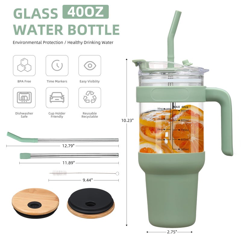 Chunmo 40 oz Glass Tumbler with 2 Lids - Bamboo Straw Lid & 2-in-1 Sip and Flip Straw Lid, Iced Coffee Cup with Handle, Glass Water Bottle with Silicone Sleeve, BPA Free - 1 Pack - Image 4