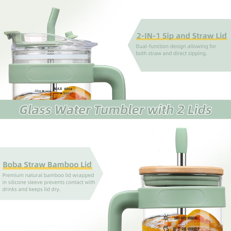 Chunmo 40 oz Glass Tumbler with 2 Lids - Bamboo Straw Lid & 2-in-1 Sip and Flip Straw Lid, Iced Coffee Cup with Handle, Glass Water Bottle with Silicone Sleeve, BPA Free - 1 Pack - Image 2