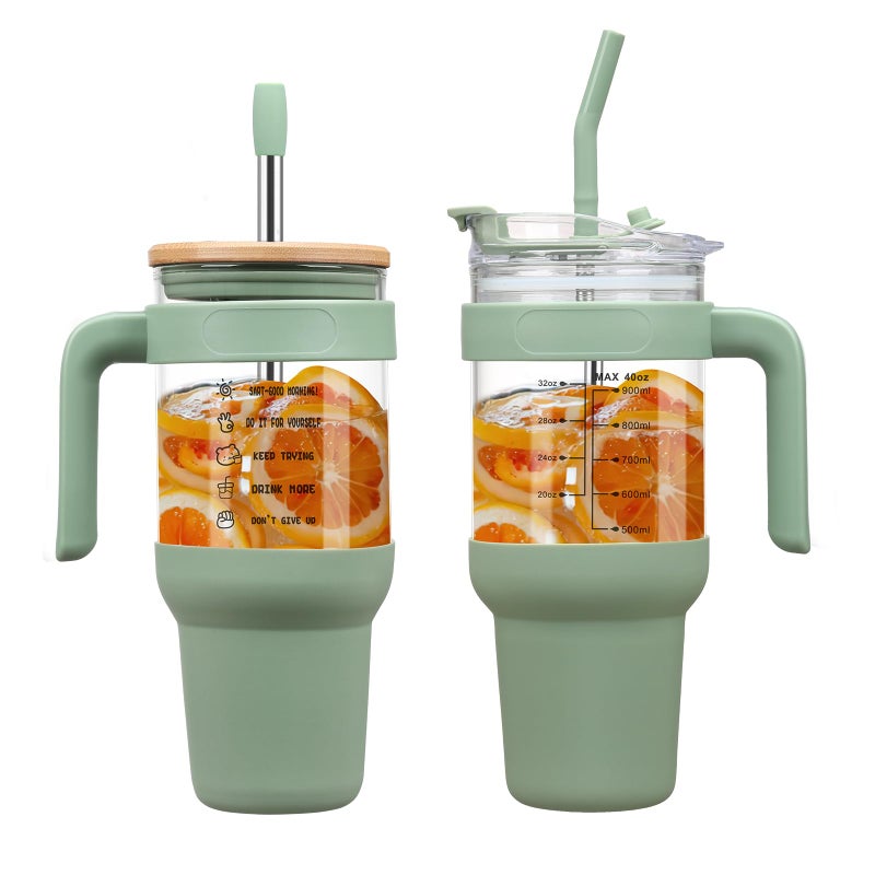 Chunmo 40 oz Glass Tumbler with 2 Lids - Bamboo Straw Lid & 2-in-1 Sip and Flip Straw Lid, Iced Coffee Cup with Handle, Glass Water Bottle with Silicone Sleeve, BPA Free - 1 Pack - Image 1