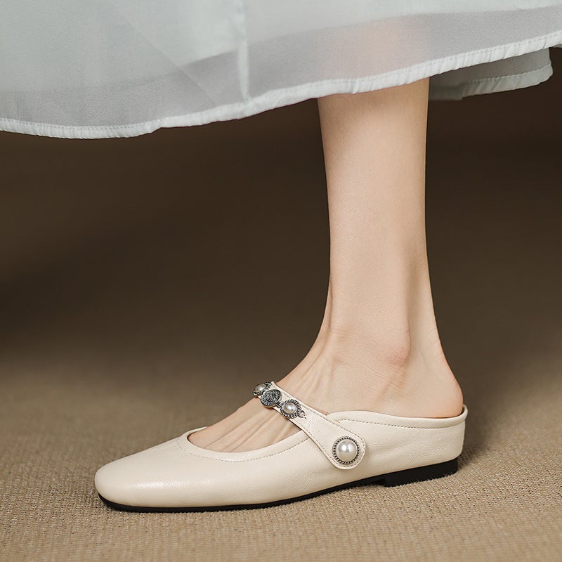 Independent Off-Site Order 2025 Low-Heel Pearl 32-43 Square-Toe French-Style Square-Toe Mules For Women - Image 2
