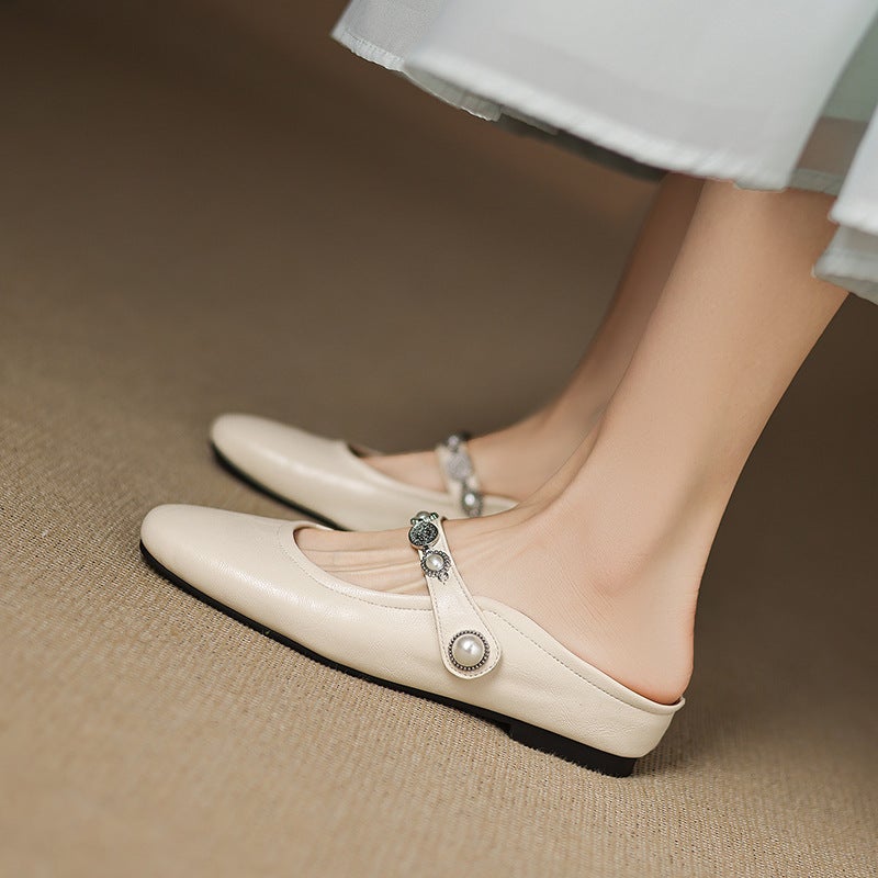 Independent Off-Site Order 2025 Low-Heel Pearl 32-43 Square-Toe French-Style Square-Toe Mules For Women - Image 5