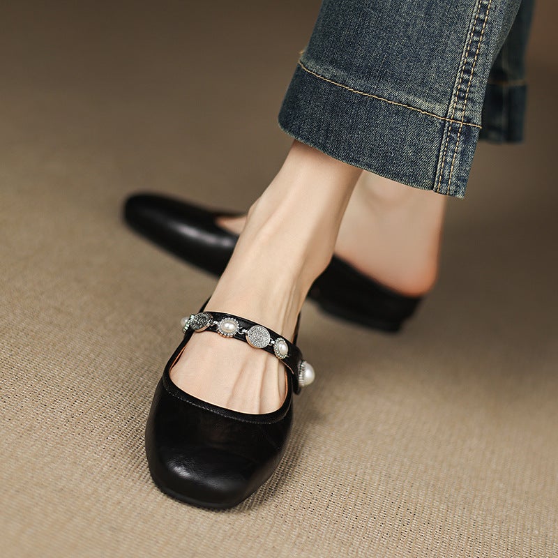 Independent Off-Site Order 2025 Low-Heel Pearl 32-43 Square-Toe French-Style Square-Toe Mules For Women - Image 3