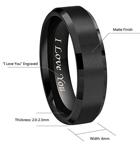 Crownal 8mm 6mm 4mm Black Tungsten Wedding Couple Bands Rings Men Women Matte Brushed Finish Center Engraved "I Love You" Size 4 To 17 (6mm,10) - Image 3