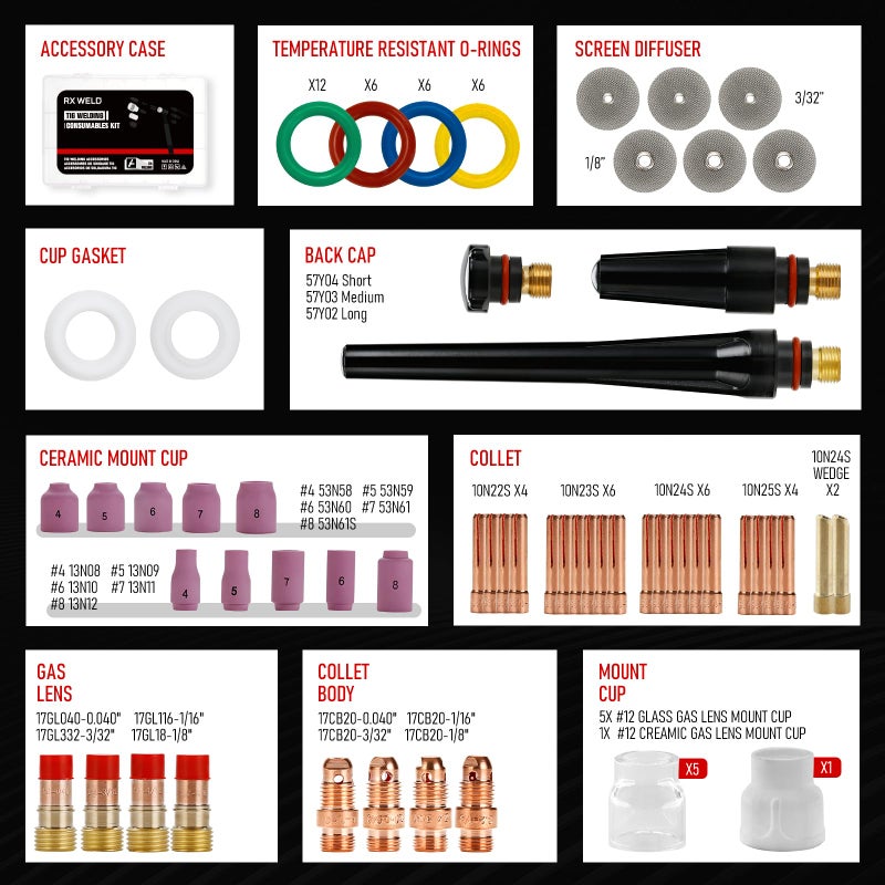 RX WELD 87PCS TIG Welding Accessories Torch Kit Stubby Gas Lens #10#12 lass Cup For WP-17/18/26 - Image 3
