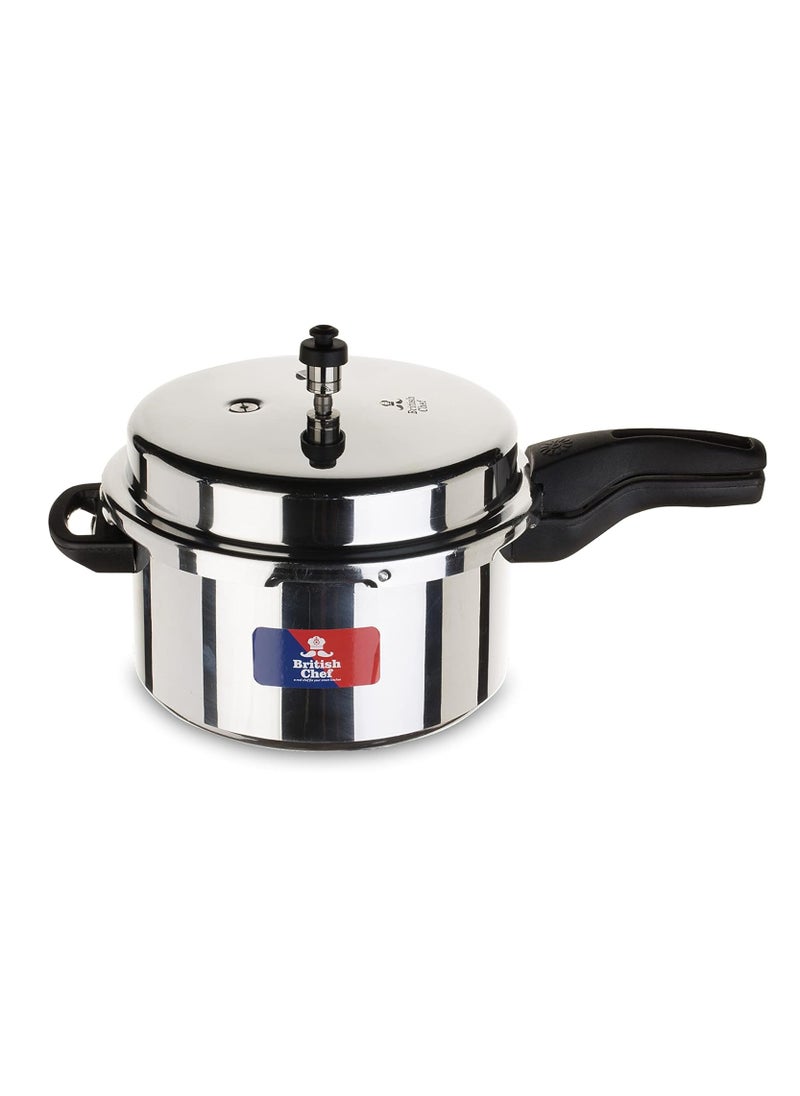 British Chef 5Liters Aluminum Pressure Cooker with Heat-Resistant Handles, Durable High Quality Aluminum Body with Secure Lid and Valve Silver  - Image 1