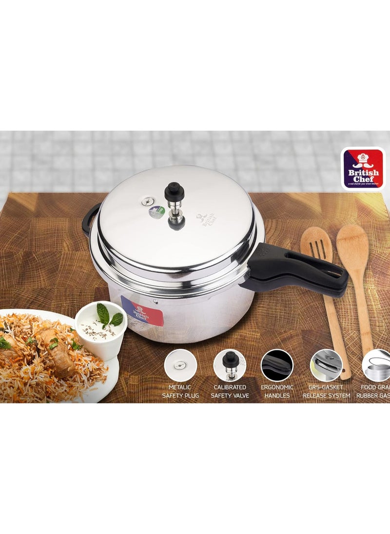 British Chef 5Liters Aluminum Pressure Cooker with Heat-Resistant Handles, Durable High Quality Aluminum Body with Secure Lid and Valve Silver  - Image 2
