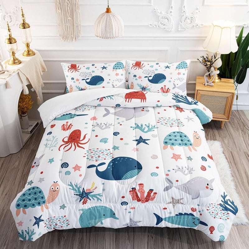 XYNHML Kids Turtle Comforter Set Twin Beach Theme Dolphin Starfish Seaweed Bedding Set Sea Animal Octopus Reptile Bed Set with 2 Pillowcases for Boys Girls Room Decor - Image 2