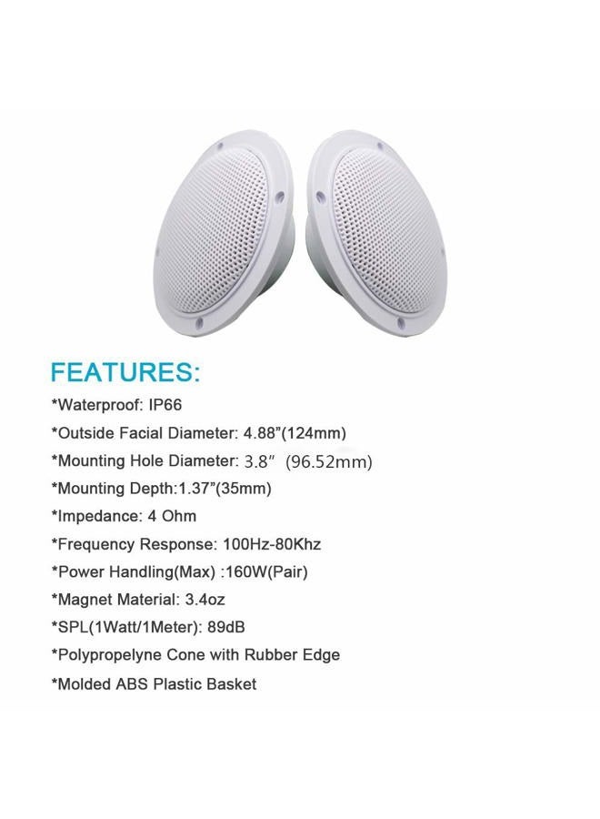 Herdio 4 Inches Waterproof Marine Ceiling Speakers with 160 Watts Power, Handling for Kitchen Bathroom Boat Car RV Camper Motorcycle Cloth Surround and Low Profile Design - 1 Pair (White) - Image 3