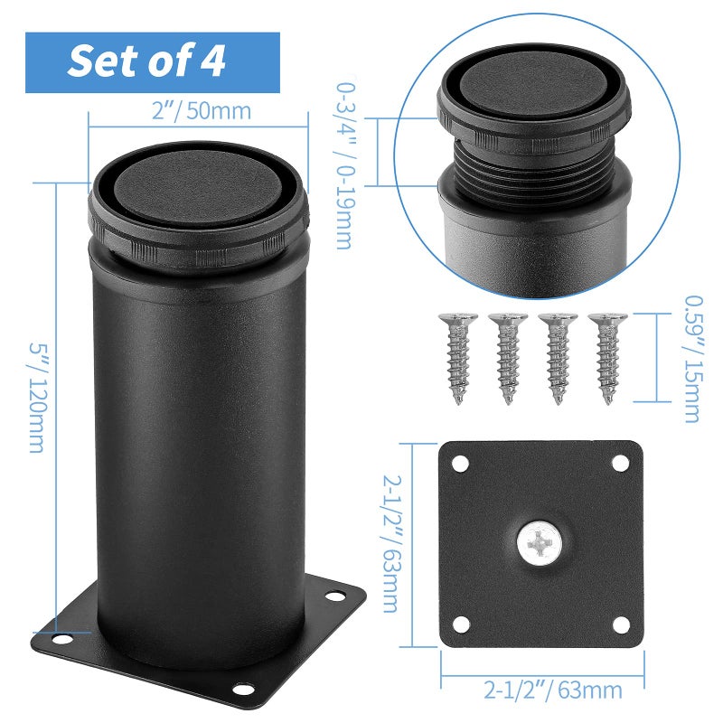 Masendelk 5 Inch Metal Furniture Legs Stainless Steel Adjustable Legs Black Metal Legs Round Cabinet Legs For Coffee Table Cabinet Desk Sofa Shelves  Pack Of 4 - Image 4