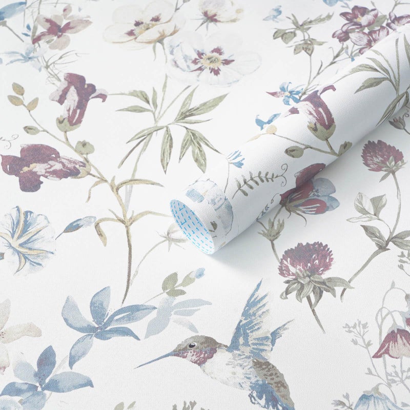 Ismoon Floral Peel and Stick Wallpaper Blue and White Contact Paper Flower Hummingbird Bird Wall Paper Removable Self Adhesive Vinyl Wallpaper for Bedroom Cabinet Wall Decro 17.3x78.7in - Image 1